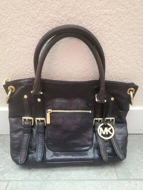 Michael Kors Black Leather Tote with Gold Accents